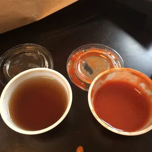 No BBQ sauce here. Left: watery vinegary sauce that is too runny to put on a bun. Right: what they gave me when I asked for BBQ sauce.
