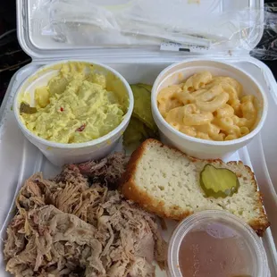 Pulled pork combo w/potato salad and Mac and cheese