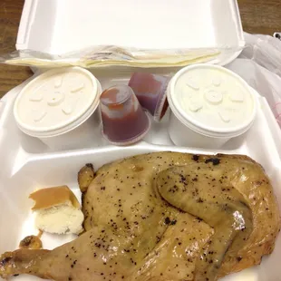 The bread was good, potatoes in the potato salad were a little crunchy, Mac &amp; cheese was just ehhhh and the chicken was bland.