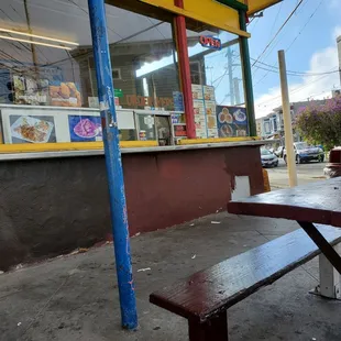 Picnic tables.  Order window