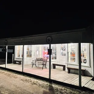 the front of the building at night