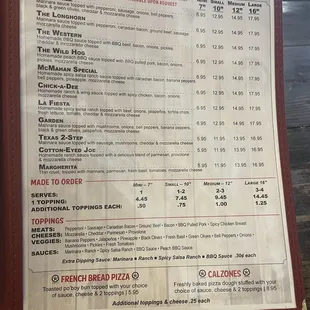 menu for special pizzas