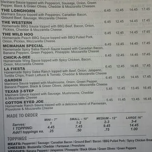 Pizza menu