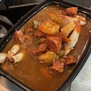 Louisiana seafood gumbo made with shrimp, sausage, crab, and chicken