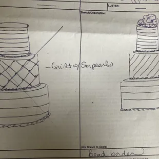 Who Made the Cake sketch of custom wedding cake design