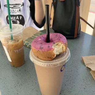 Chocolate peanut butter smoothie and VEGAN BLUEBERRY DONUT