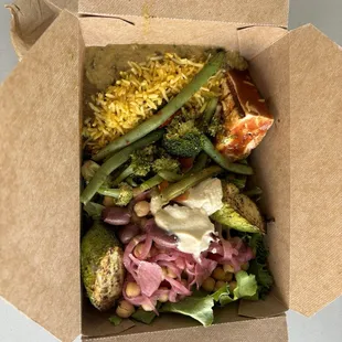 Vegan hot and colds bars with marinated tofu and grilled veggies and more