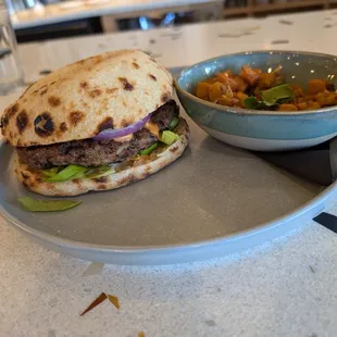 American Burger and sweet potato and mushroom hash