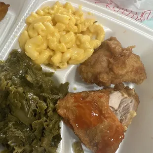 Fried chicken, greens and Mac and cheese!