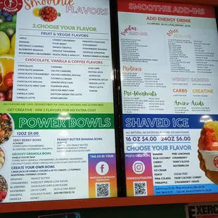 a menu for a smoothie shop