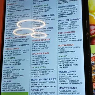 a menu for a variety of foods
