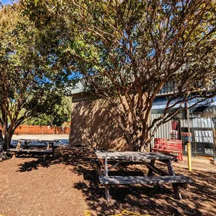 Exterior seating on the side of the building