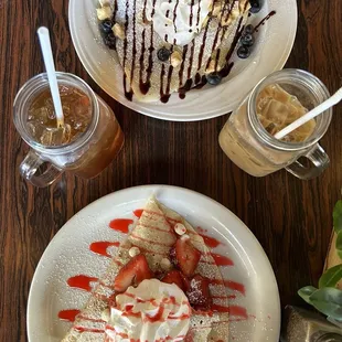 Mixed Fruits Crepe, white chocolate strawberry crepe, peach mango ice tea, and vanilla latte