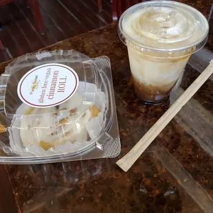 Gluten free cinnamon roll and iced sugar free carmel latte with soy milk. Very good!