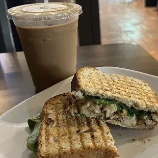 Chicken pesto sandwich and iced coffee