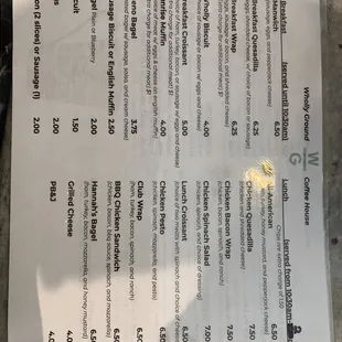 the menu of the restaurant