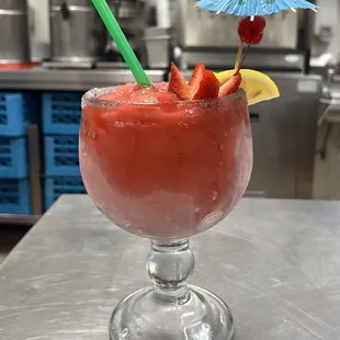 Jumbo Frozen Margarita. 
Strawberry, Lime, Mango, Peach, Watermelon AVAILABLE .