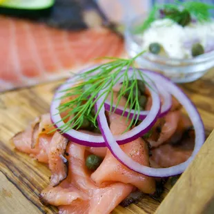 Hand sliced pastrami smoked salmon from Acme Seafood in Brooklyn, NY.