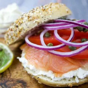 Premium nova lox sandwich on an everything bagel