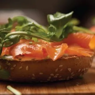 Sesame bagel with Lox.  Wholy Bagel - best bagels in Austin. One of the best bagel shops in America. Scratch made New York style bagels.