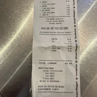 a receipt for a restaurant