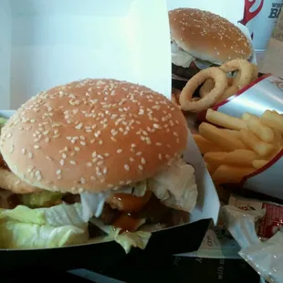 Whopper with Pepper Jack, bourbon sauce and onion rings.