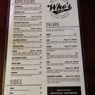 Appetizers, Salads &amp; Sides menu.