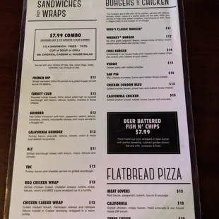 Sandwich, Burgers &amp; Pizza menu.