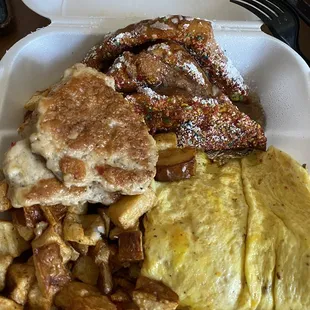 Fruity pebbles French toast with potatoes, eggs and apple chicken sausage.