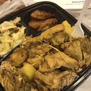 Curry chicken w/potatoes, rice and peas, cabbage, plantains