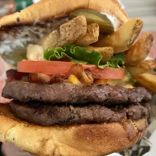 Double bacon cheeseburger filled with fries, the way I like it