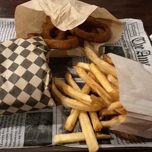 Century burger, Beer Battered Onion Rings, French Fries