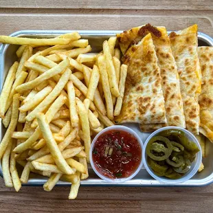 french fries and quesadilla