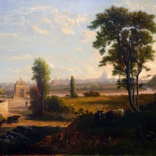 George Loring Brown; North Rome, Tiber River - View of the Pons Mulvius near Sunset; 1857; oil on canvas