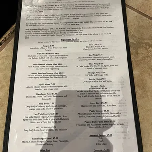 Cocktail menu