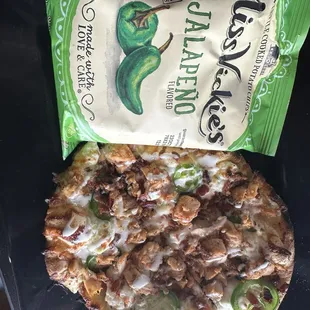 Jalapeño popper, pizza and chips