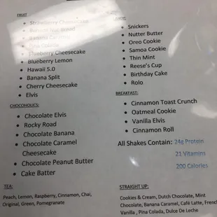 a menu for a variety of desserts