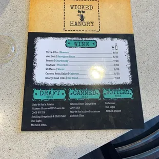Wine and beer menu