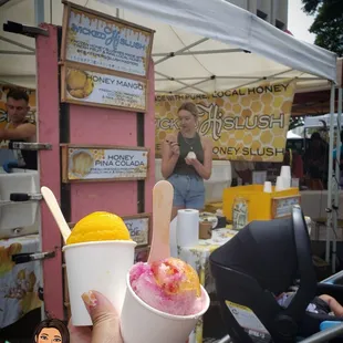 Honey mango (left) &amp; dragon fruit lemonade (right) keiki size