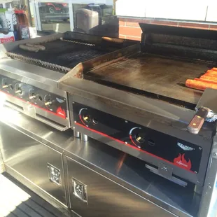 A flat top grill and a char broiler are the tools used to make you the best sausages possible!