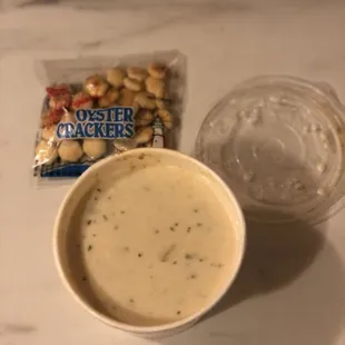 The little bowl of clam chowder and crackers. Small, but delicious.