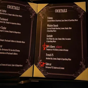 a menu for cocktails
