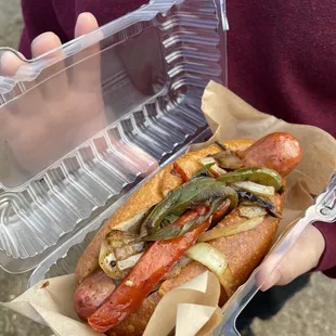 a person holding a hot dog