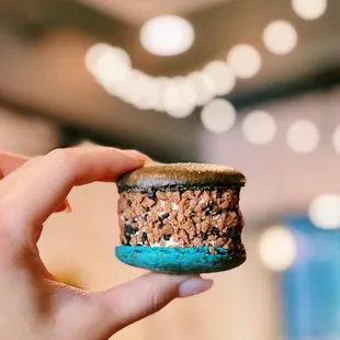 a hand holding an ice cream sandwich