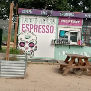 a table and a sign