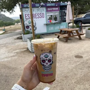 Iced white chocolate mocha with caramel drizzle.