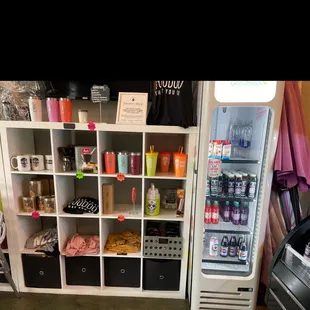 a refrigerator and a shelf with items