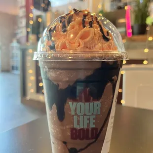 The Mexican Mocha Frappe with whip and chocolate sauce