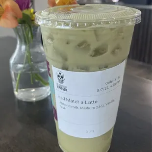 Iced Matcha Latte with Almond Milk, Rose, and Vanilla