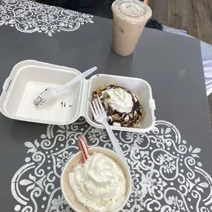 Peppermint latte, vanilla latte, and s'mores waffle